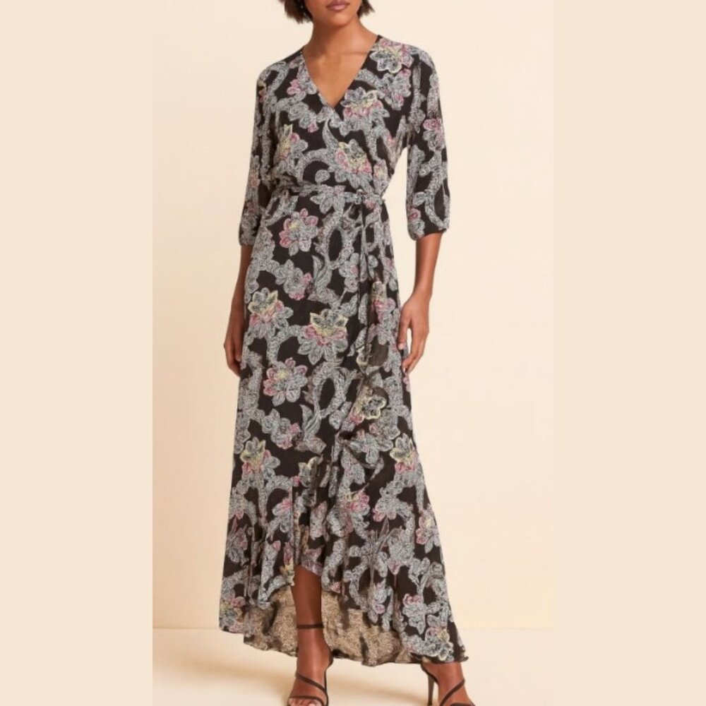 Banana Republic Black Floral Ruffled Lined Wrap Maxi Dress - SZ 6‎
